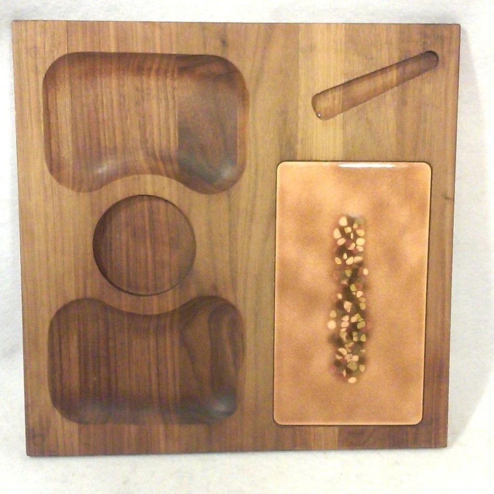 Mid-Century Walnut Charcuterie Board Cheese Tray Ceramic Tile Inset or V…